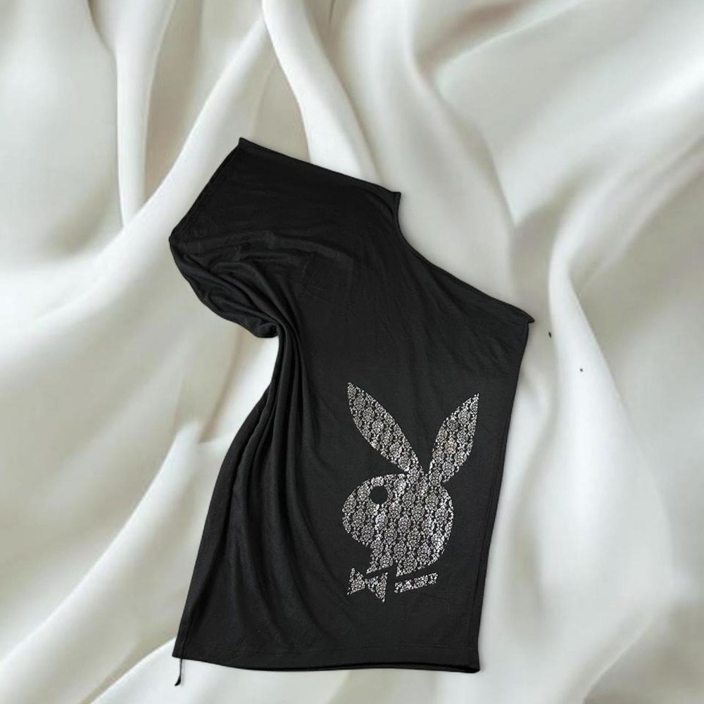 NWT Playboy black one shoulder top silver graphic playboy logo y2k mcbling